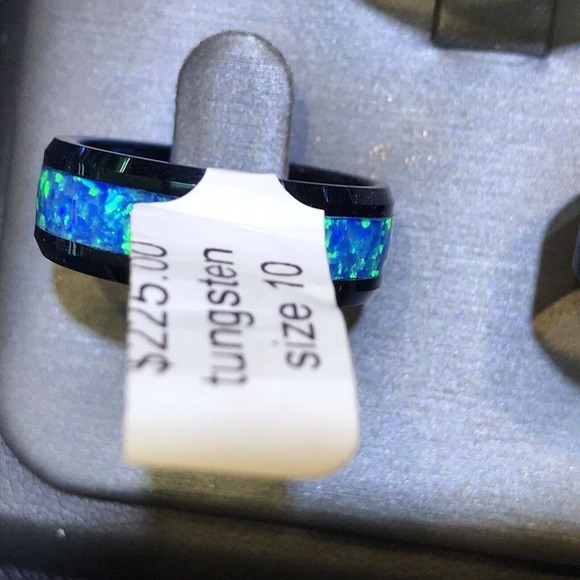 Mens Tungsten Ring Sz10 Black/Lab Created Opal StripUnique Look New W Tags - Picture 3 of 3